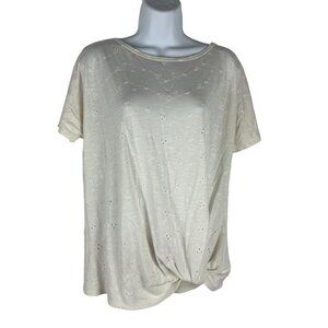 Maurices 24/7 Women's M Ivory Eyelet Detail Knot Front Short Sleeve Top